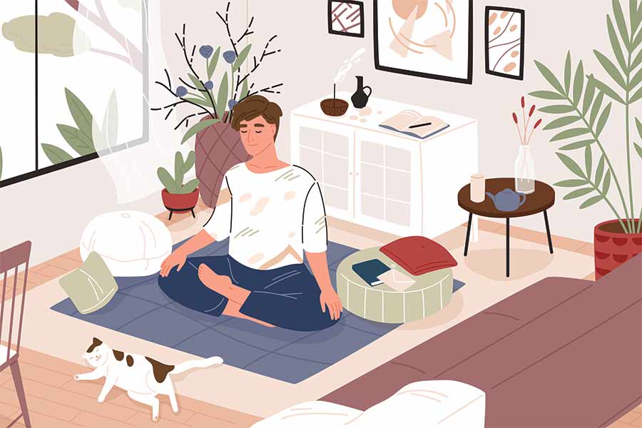 Ilustración de joven meditando en su cuarto