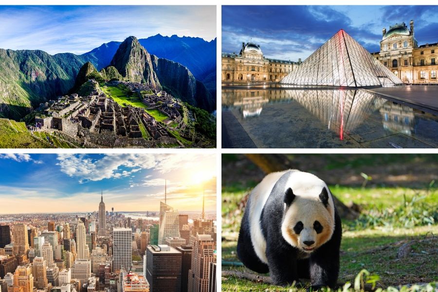 Foto de Machu Picchu en Perú; Museo de Louvre de París; vista área de edificios de Nueva York; y un panda en el Smithsonian Zoo