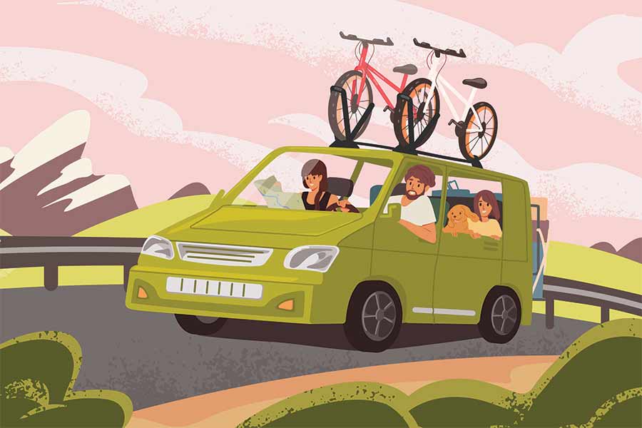 Ilustración de familia comenzando un viaje por carretera