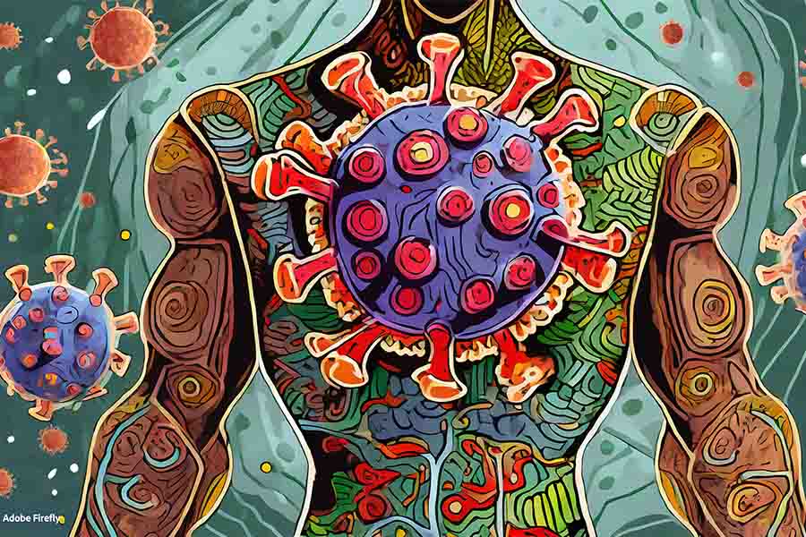 Ilustración del virus que causa COVID-19 en el cuerpo humano