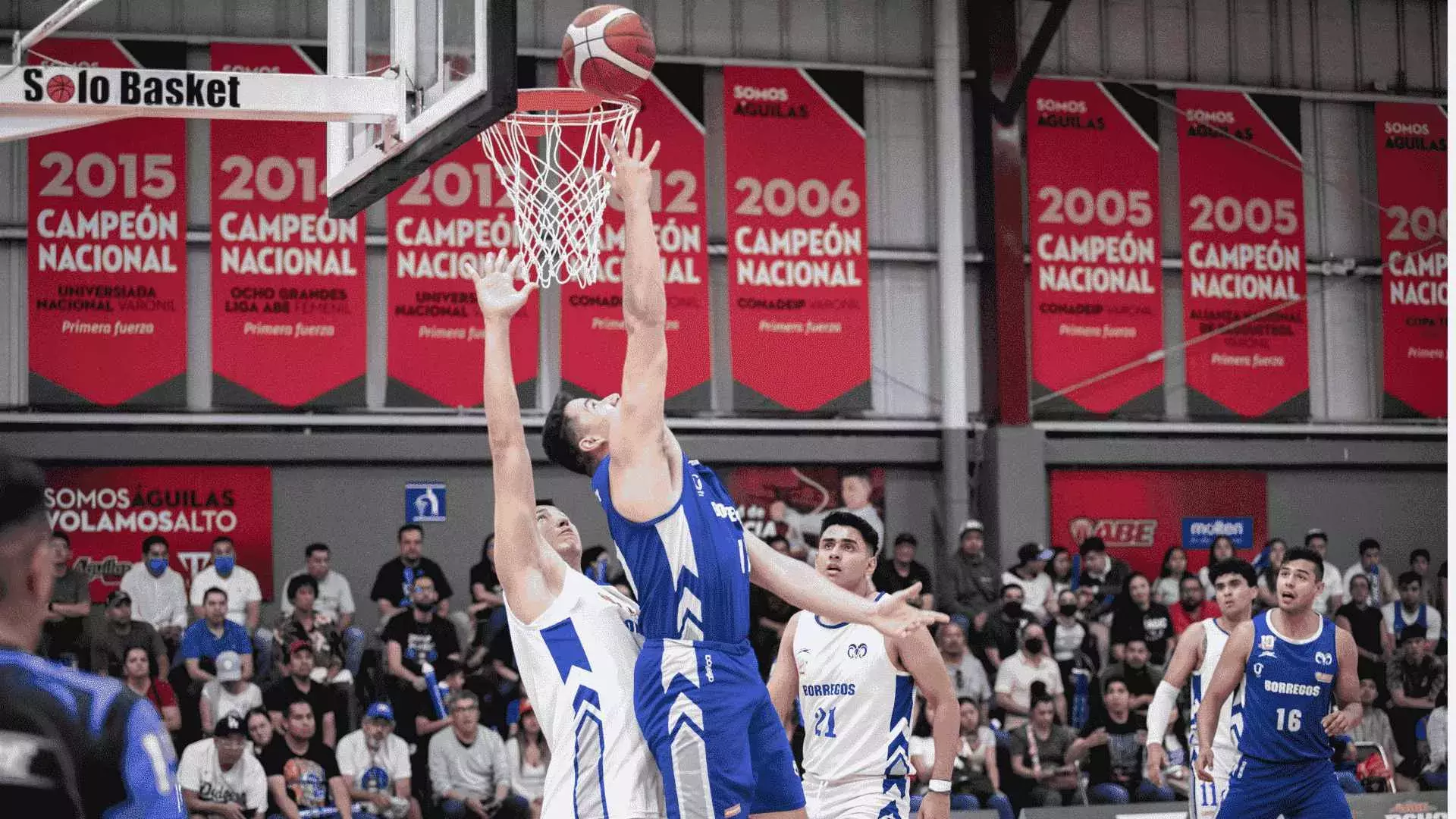 Borregos Hidalgo defendiendo su canasta contra Borregos Monterrey