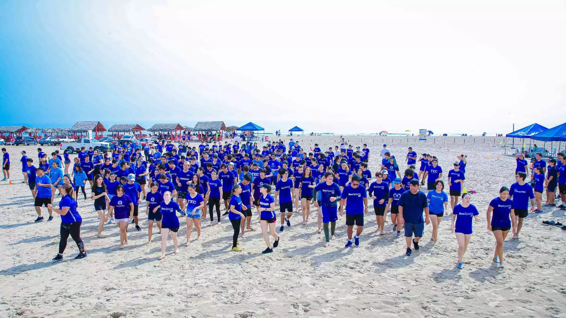 grupo grande de alumnos vestidos de azul en la playa