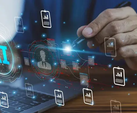 Hombre que utiliza la tecnología de inteligencia artificial AI Asistente de Asistencia de trabajo remoto