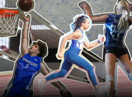 Montaje de fotos de un joven jugando basquetbol, una joven corriendo y una joven jugando voleibol.