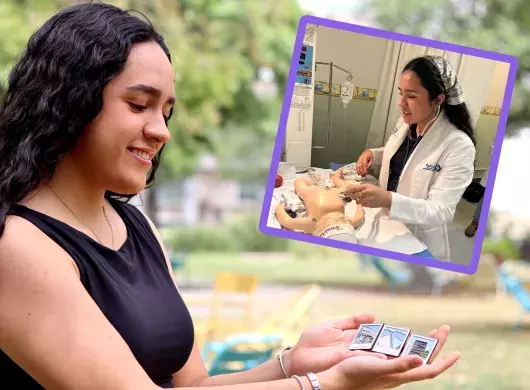 Estívaliz de Niz sostiene los pines que creó; en otra fotografía realiza prácticas de medicina.