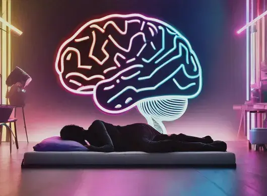 Ilustración conceptual de una persona durmiendo y un cerebro iluminado en la pared que conceptualiza la creatividad