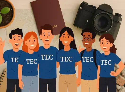 Imagen con referencias a viajes y acción social, con estudiantes en el centro