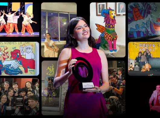 Collage de fotos que muestran actividades de arte como baile, teatro e ilustración con una imagen al centro de una joven adolescente sosteniendo un trofeo circular que dice "Talento que Inspira". 