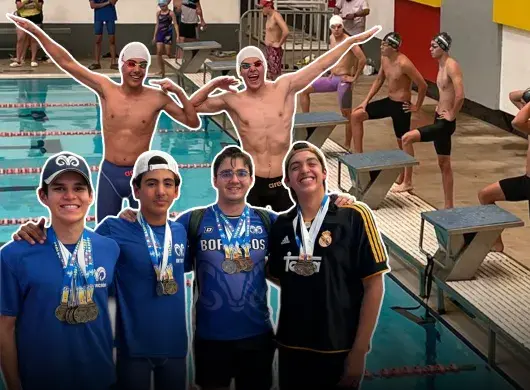 Montaje de alumnos 4 alumnos abrazados con múltiples medallas colgadas en los cuellos, sobre una foto de nadadores preparándose para iniciar una carrera.