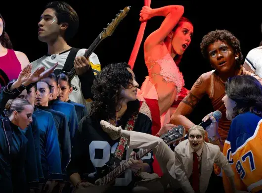 Montaje de fotos de alumnos universitarios compitiendo en disciplinas artísticas como canto, baile y música.