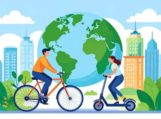 Ilustración de de jóvenes usando bicicleta y scooter eléctrico como alternativas de movilidad sostenible en ciudad