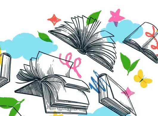 Ilustración de varios libros abiertos con fondos de colores