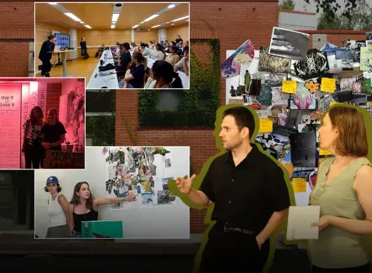 Montaje de alumnos y profesor presentando proyectos de arquitectura.