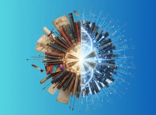 Ilustración conceptual dividida en dos mitades: a la izquierda, libros antiguos, mapas y elementos de humanidades; a la derecha, patrones digitales y líneas de datos que representan inteligencia artificial. Ambas partes se unen en un punto de luz central