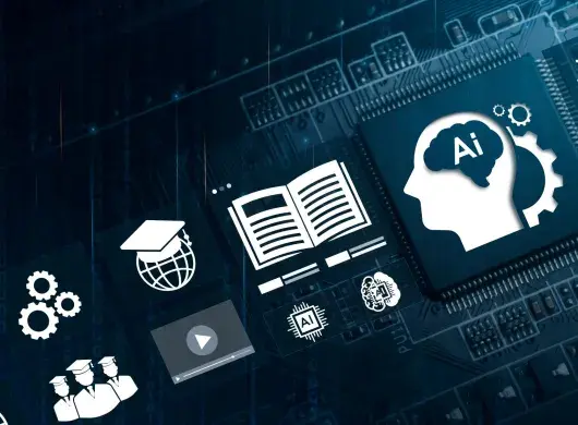 Educación de Tecnología utilizando sistemas de IA, concepto y educación de tecnología de Inteligencia Artificial (IA), chips de datos de computadora con gráficos educativos, lecciones de aprendizaje y aprendizaje digital moderno