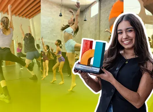 Montaje de fotos que muestran jóvenes practicando baile, con una imagen de una chica sosteniendo un trofeo superpuesta.