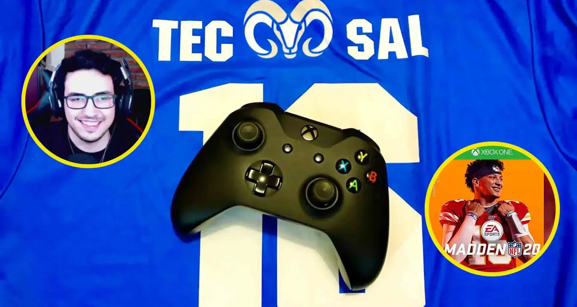 Alan Gloria con control de Xbox y jersey del Tec