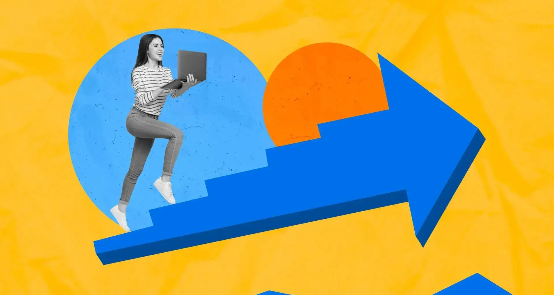 Collage de mujer joven con computadora en mano, subiendo escaleras que están ilustradas