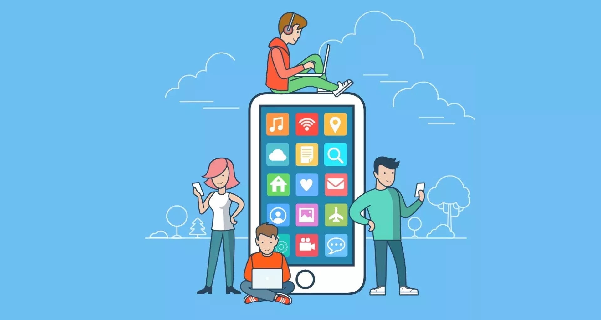 Ilustración de celular gigante con apps, con jovenes utilizando sus smartphones y laptops