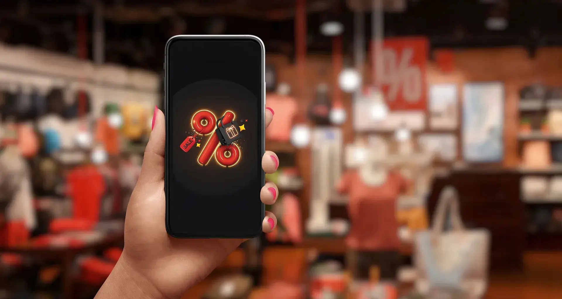 Tienda departamental al fondo de la imagen. En primer plano se observa una mano sosteniendo un celular, el cual refleja un signo de descuento