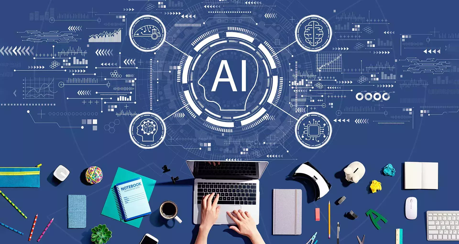 Iconos de tecnología alrededor de las letras AI, representando la inteligencia artificial