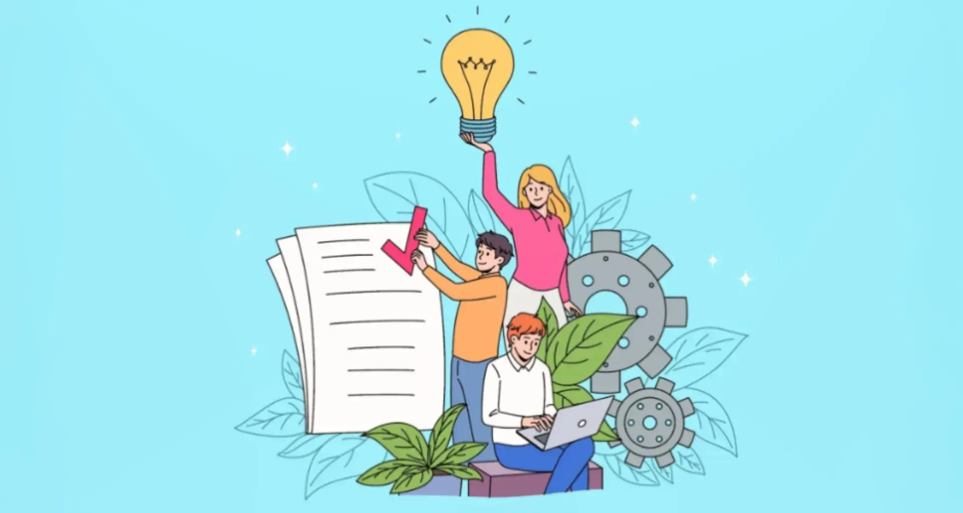 Ilustración con jóvenes estudiantes, con elementos alrededor de innovación, estudio y trabajo