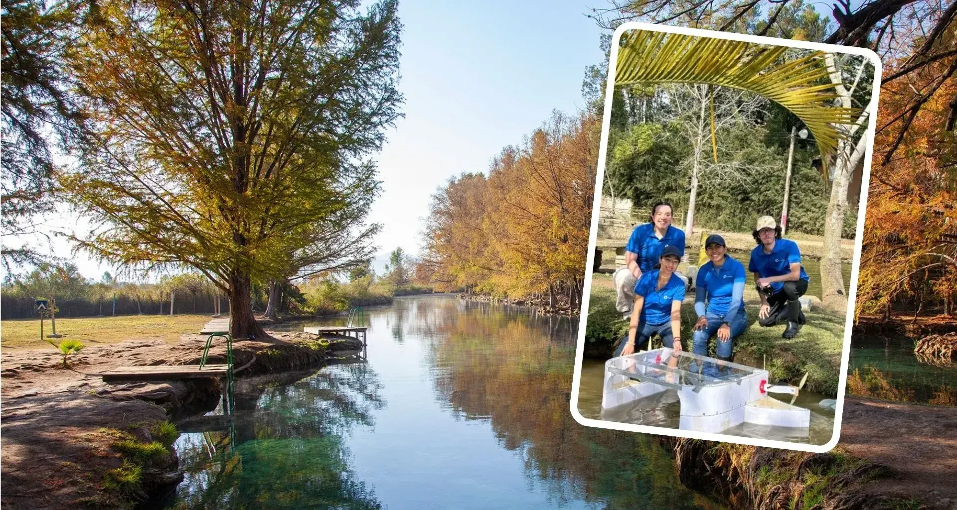 View of a river in Mexico. In a separate frame, the Bluekali team, a startup that cleans rivers with a robot resembling a whale shark.