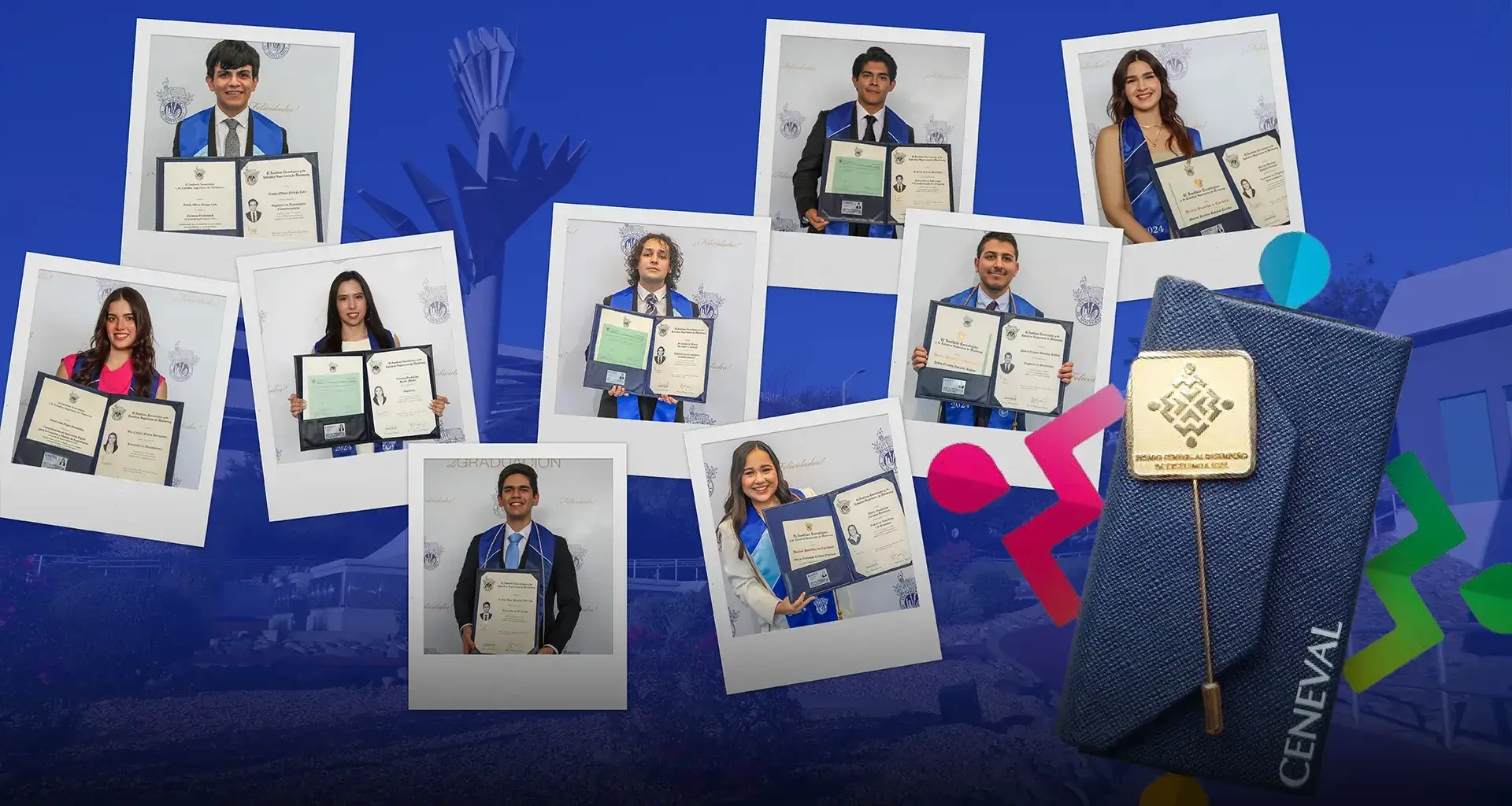 Fotos de los 9 ganadores al premio nacional ceneval sobre fondo del campus Sonora Norte.