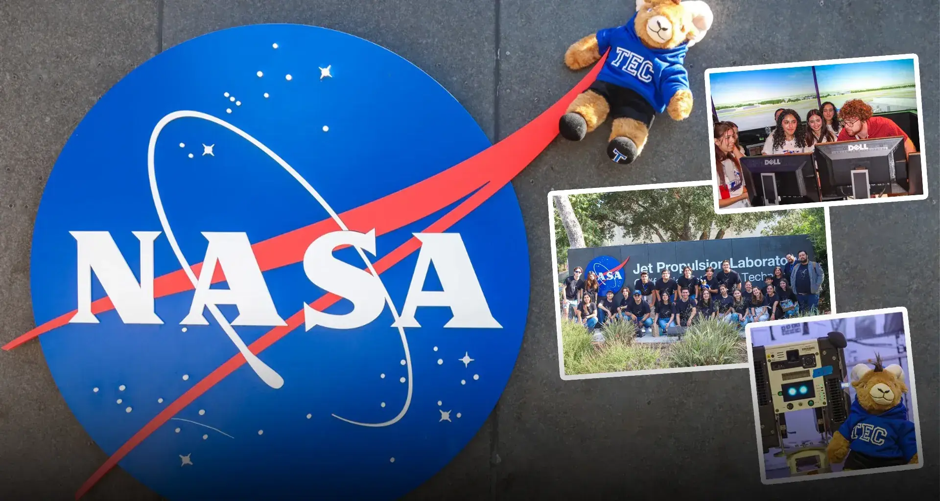 Fotos de alumnos del Tec en las instalaciones de la NASA sobre un fondo del logo de la NASA con Teus. 
