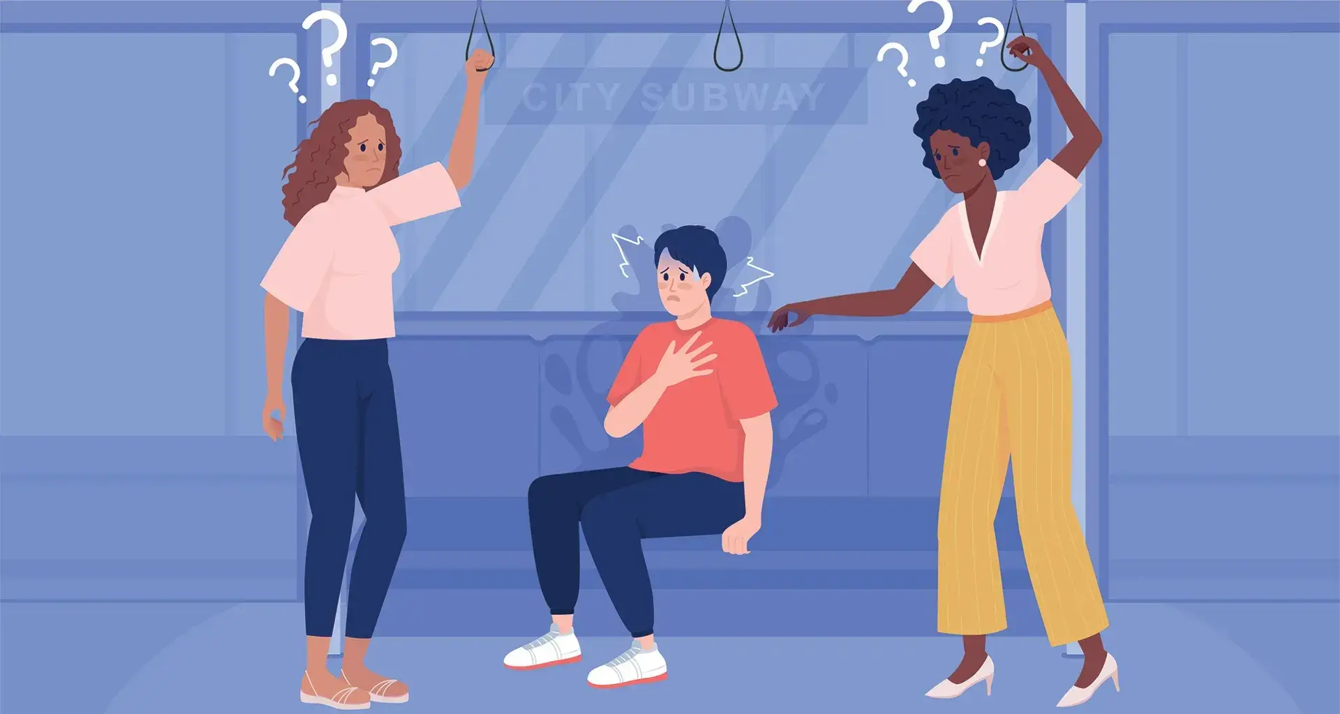 Ilustración de joven teniendo una crisis de ansiedad en el metro, y dos chicas preguntándose cómo ayudarlo