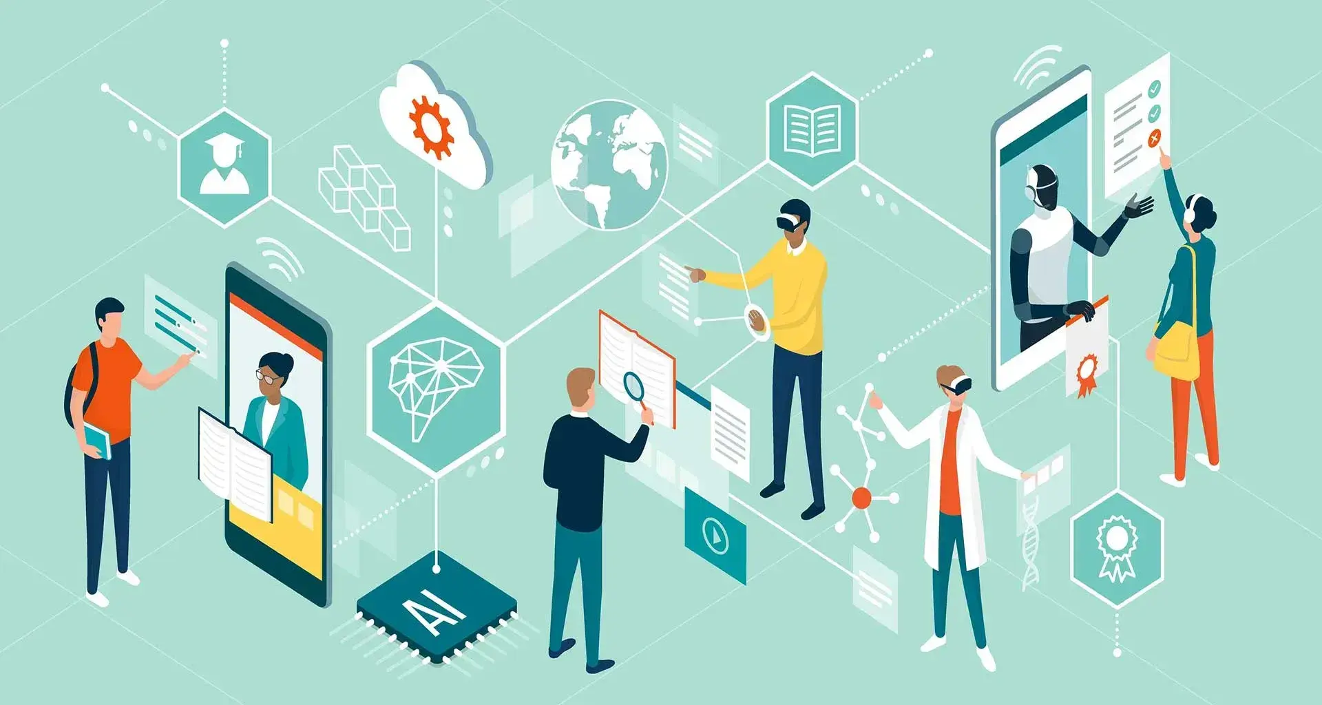 Ilustración de jóvenes estudiantes con iconos de apps y herramientas tecnológicas a su alrededor