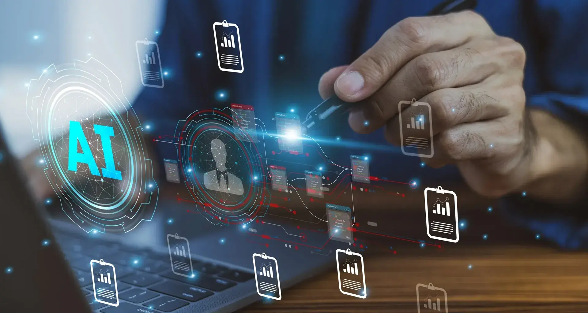 Hombre que utiliza la tecnología de inteligencia artificial AI Asistente de Asistencia de trabajo remoto