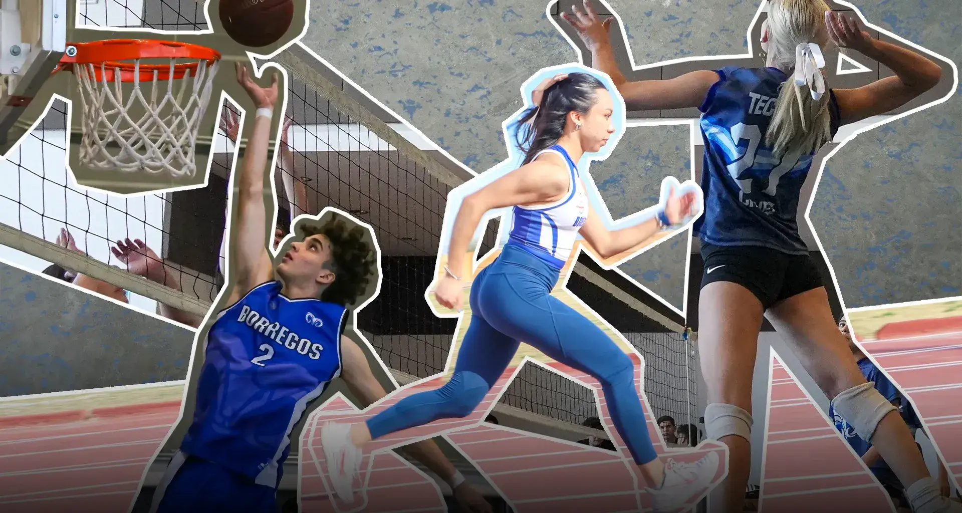 Montaje de fotos de un joven jugando basquetbol, una joven corriendo y una joven jugando voleibol.