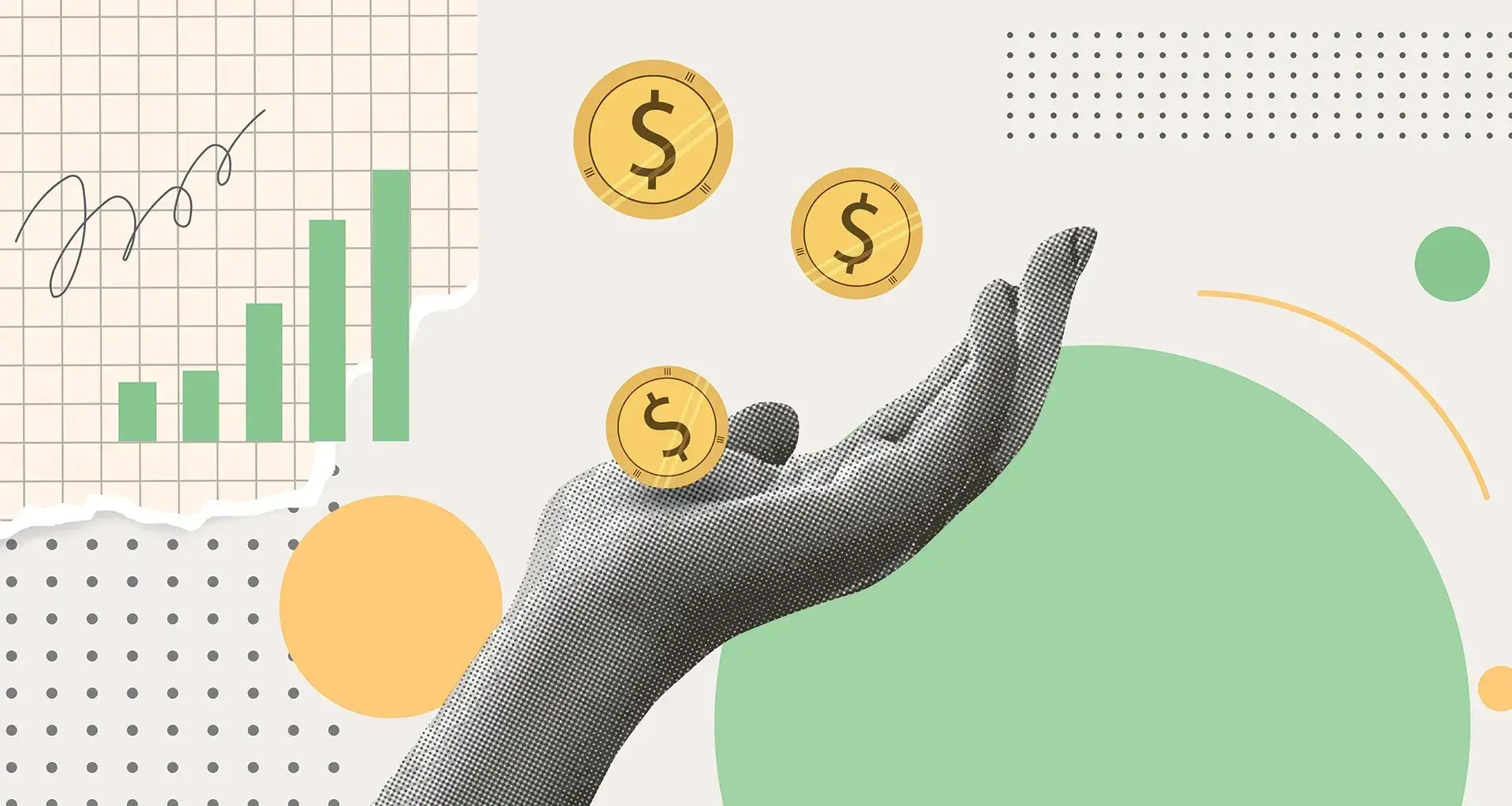 Imagen conceptual con gráficas y una mano recibiendo monedas