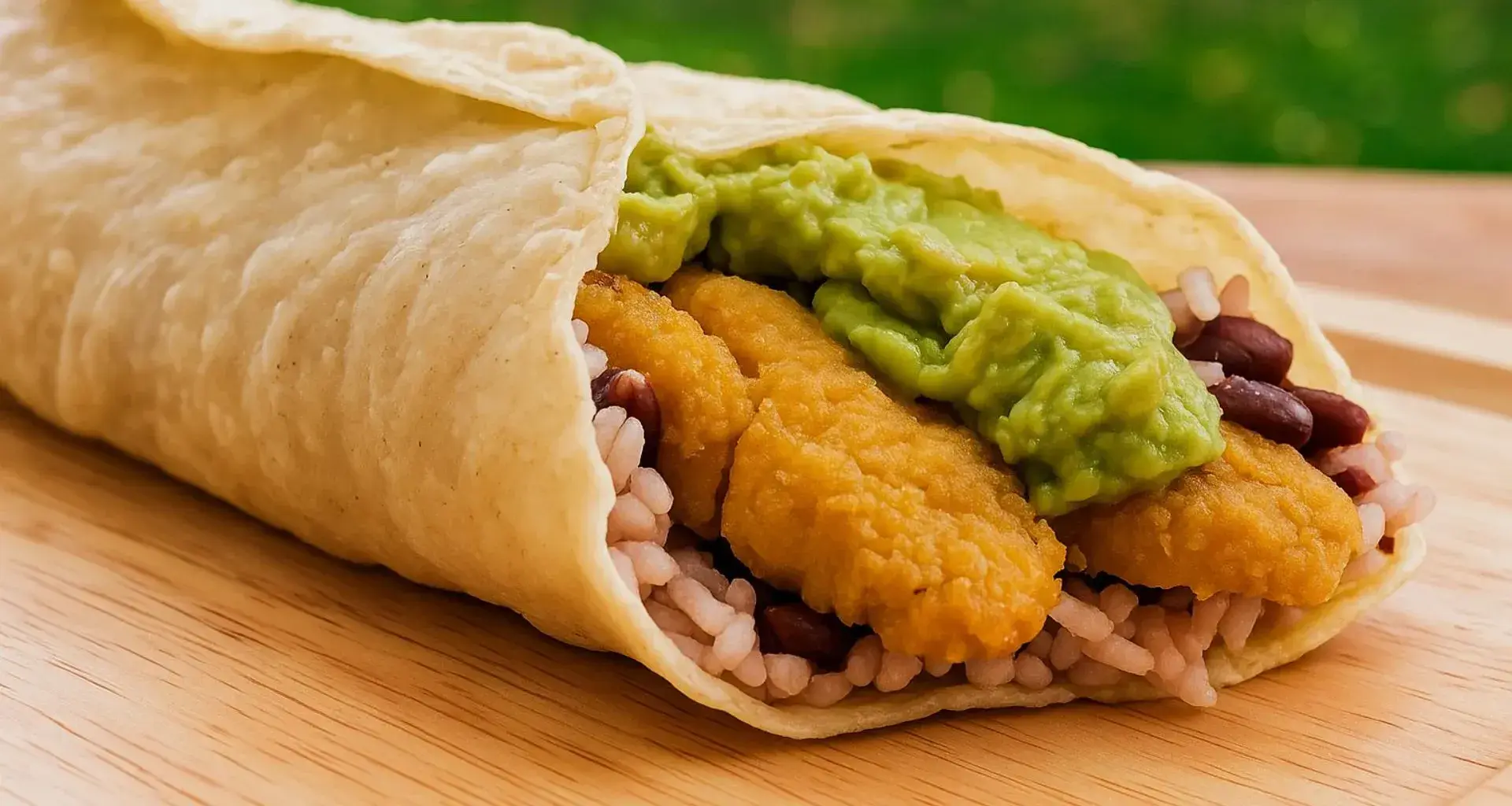 Burrito vegano que contiene  tortilla sin gluten, pollo vegano sin gluten, frijoles, arroz y guacamole.