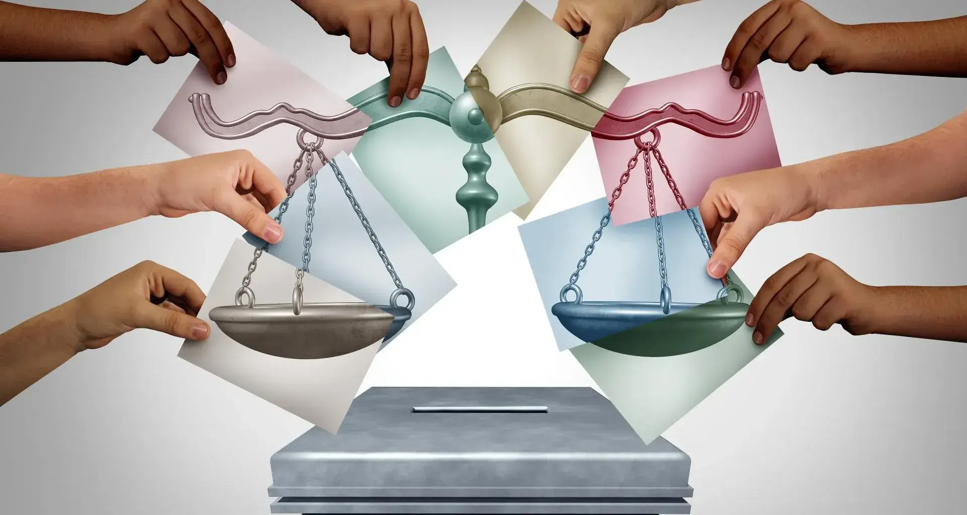 Imagen conceptual de votos sobre una urna, con un símbolo de justicia