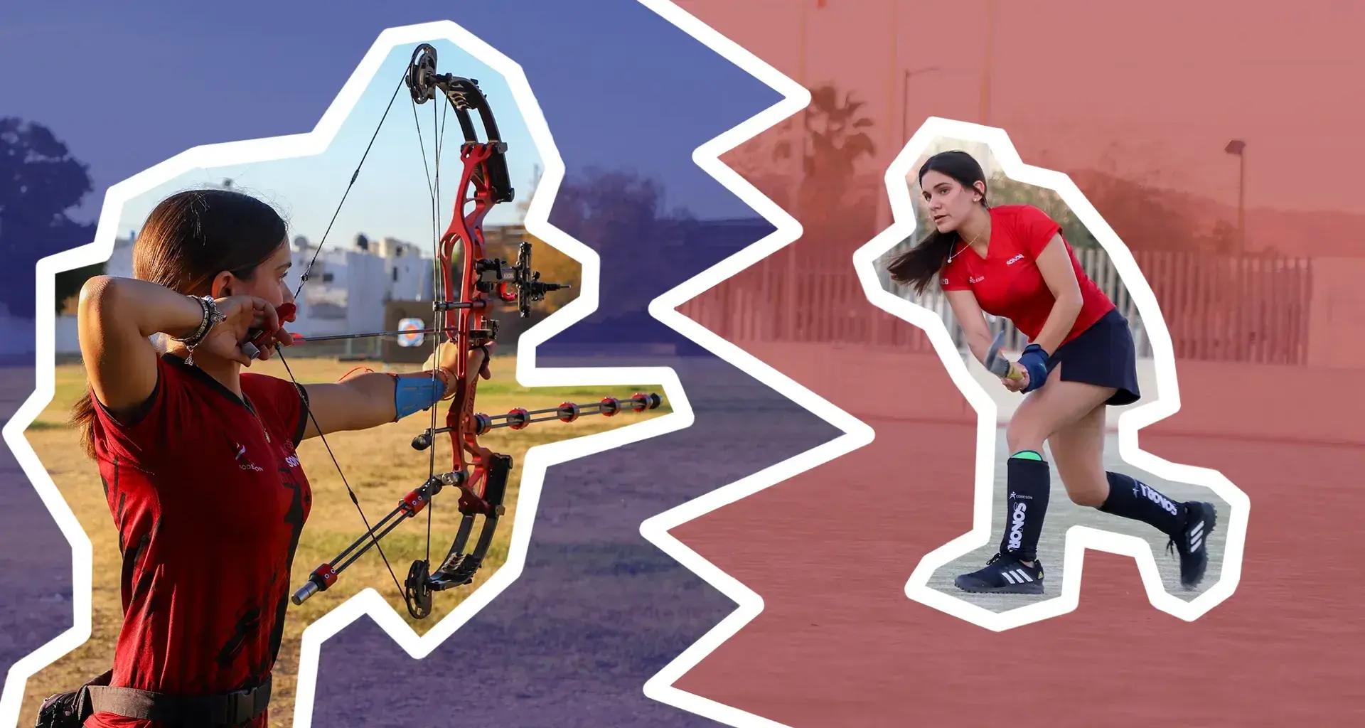 Collage de fotos de gemelas tirando con arco y jugando hockey sobre pasto.