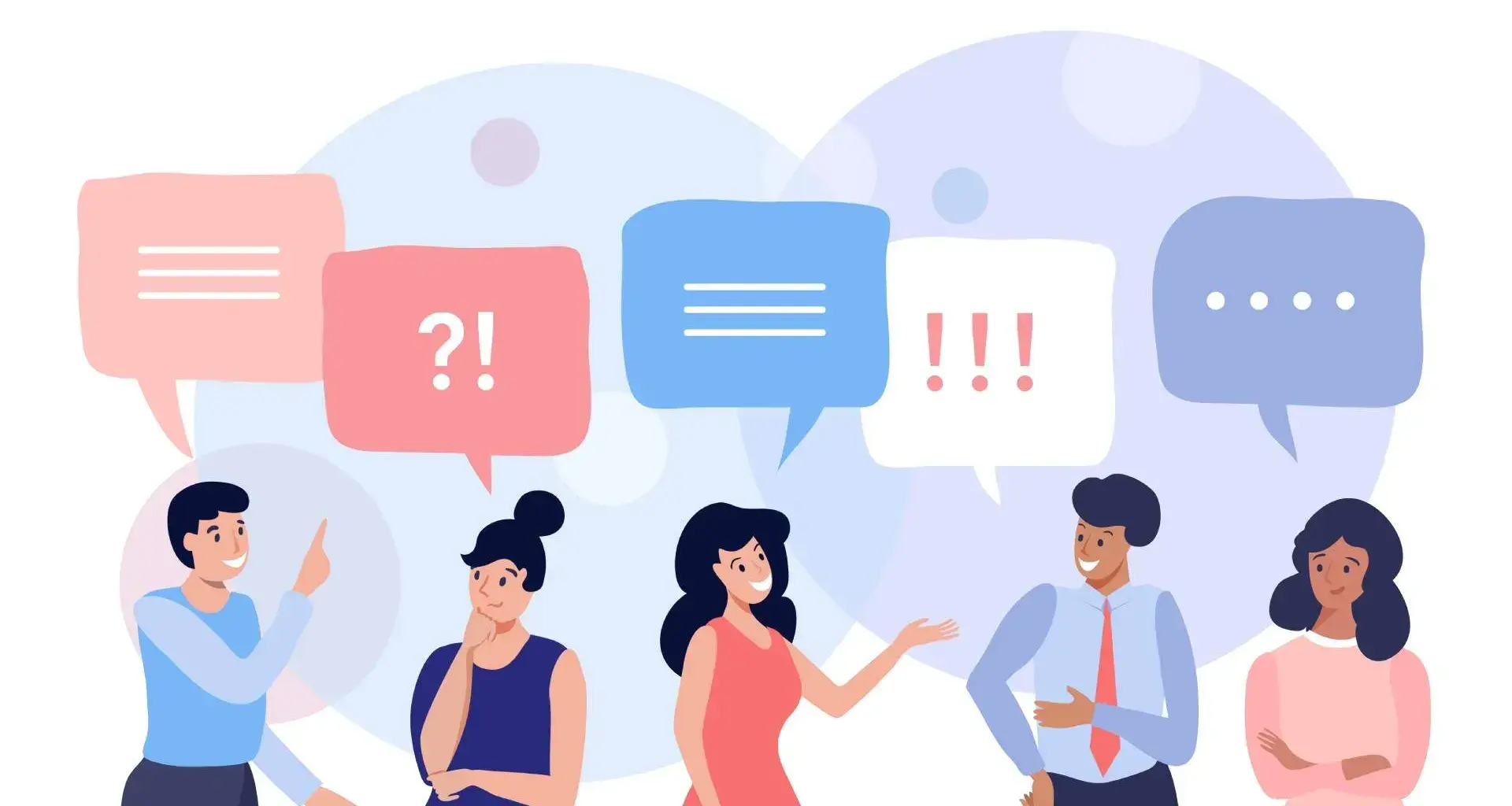 Ilustraciones de jóvenes con cajas de diálogo, concepto de que están entablando conversaciones