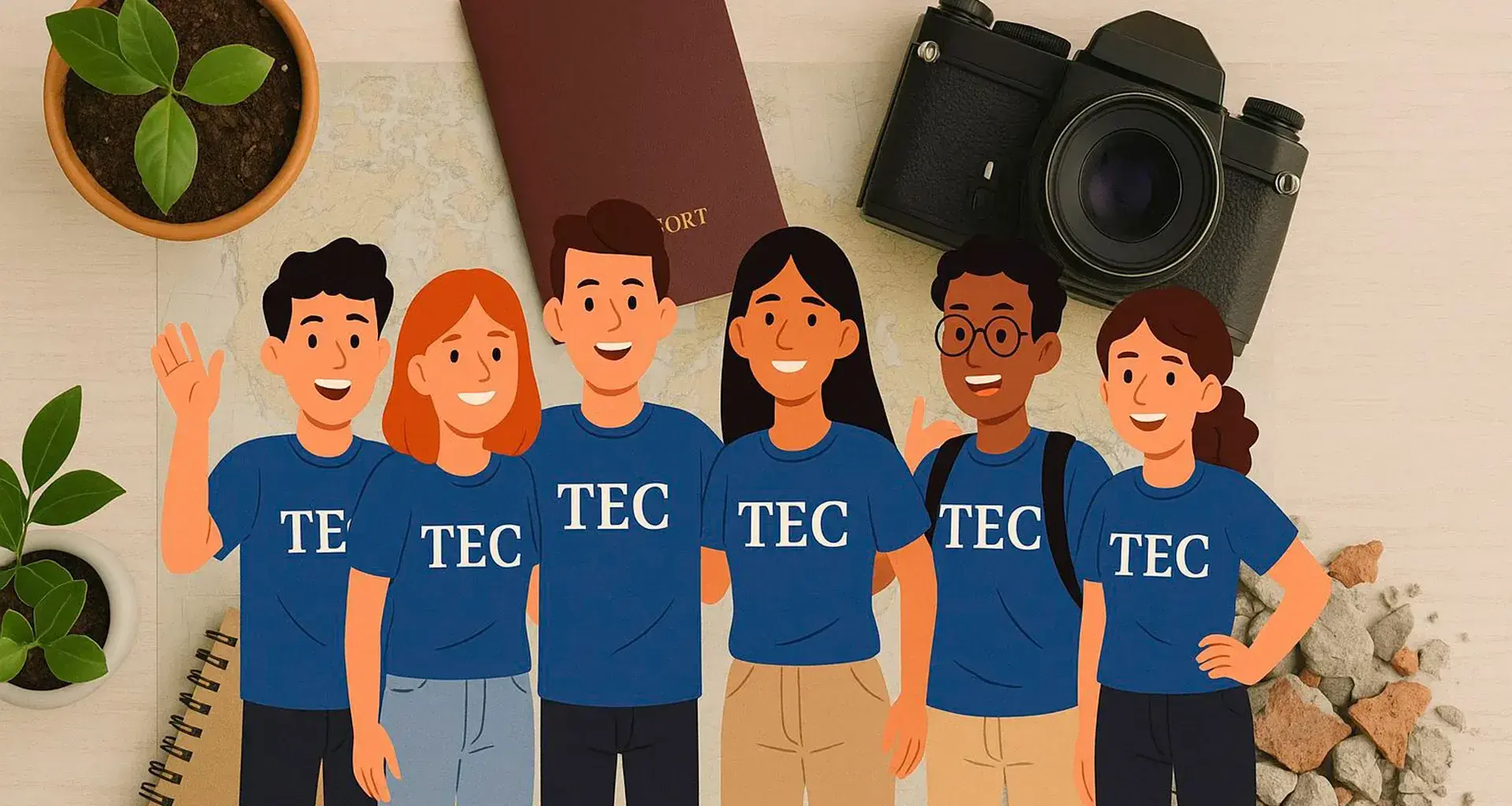 Imagen con referencias a viajes y acción social, con estudiantes en el centro