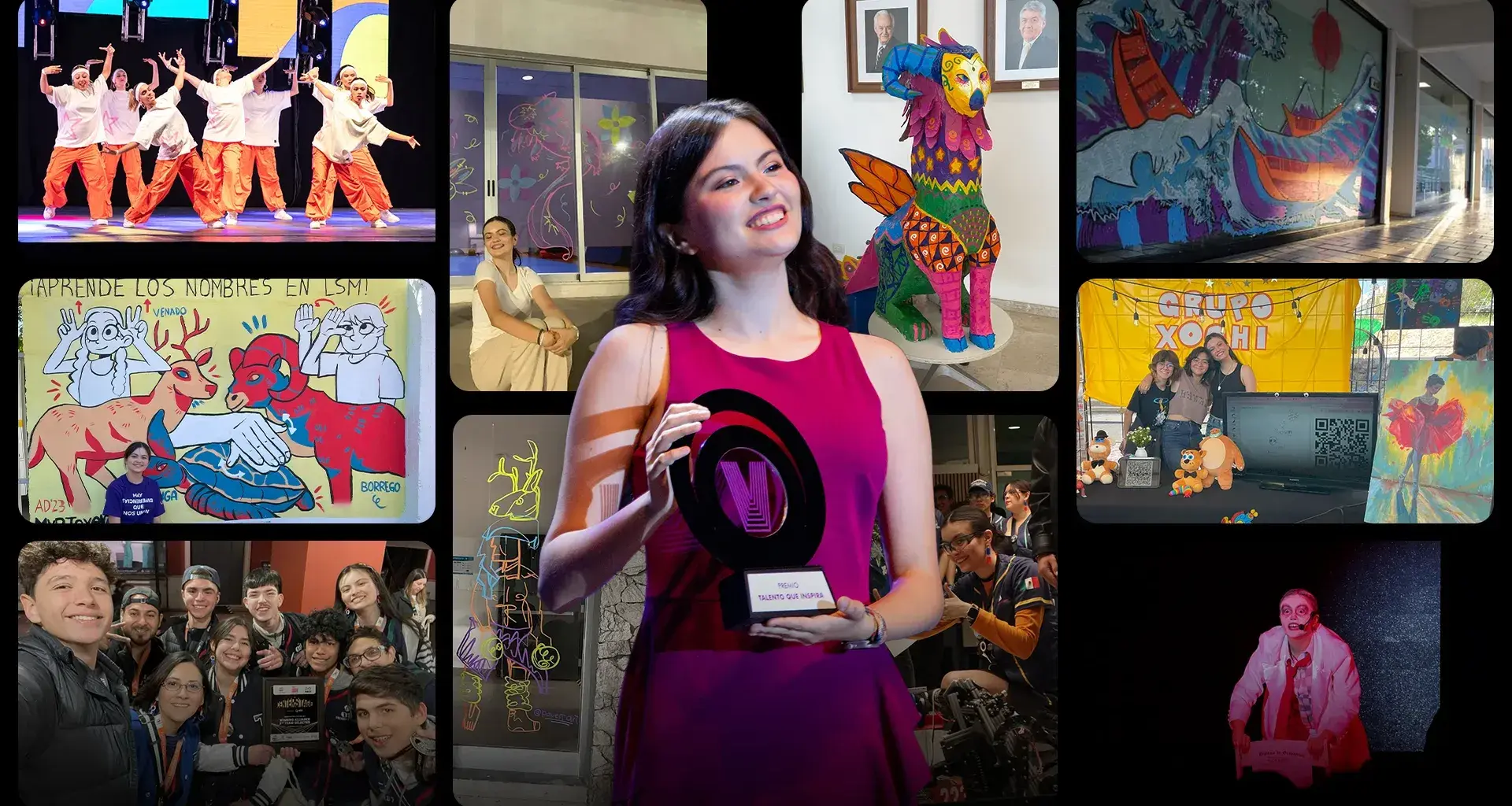 Collage de fotos que muestran actividades de arte como baile, teatro e ilustración con una imagen al centro de una joven adolescente sosteniendo un trofeo circular que dice "Talento que Inspira". 