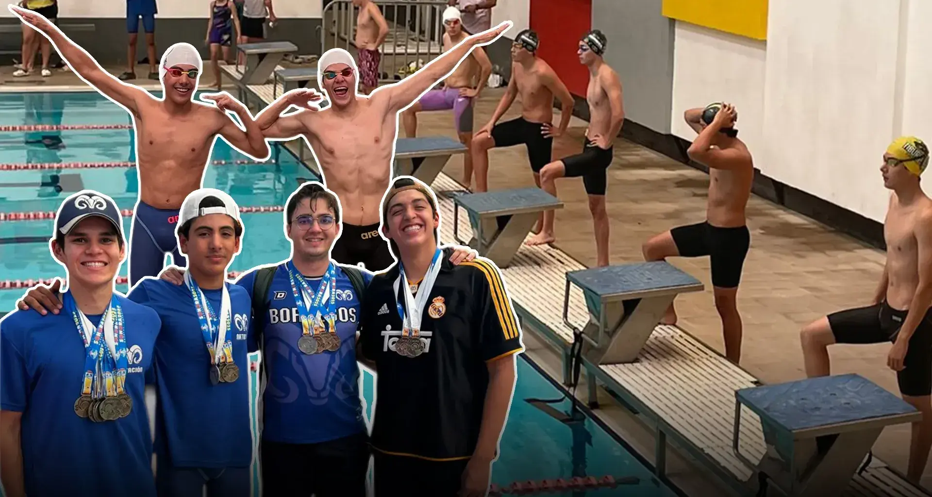 Montaje de alumnos 4 alumnos abrazados con múltiples medallas colgadas en los cuellos, sobre una foto de nadadores preparándose para iniciar una carrera.