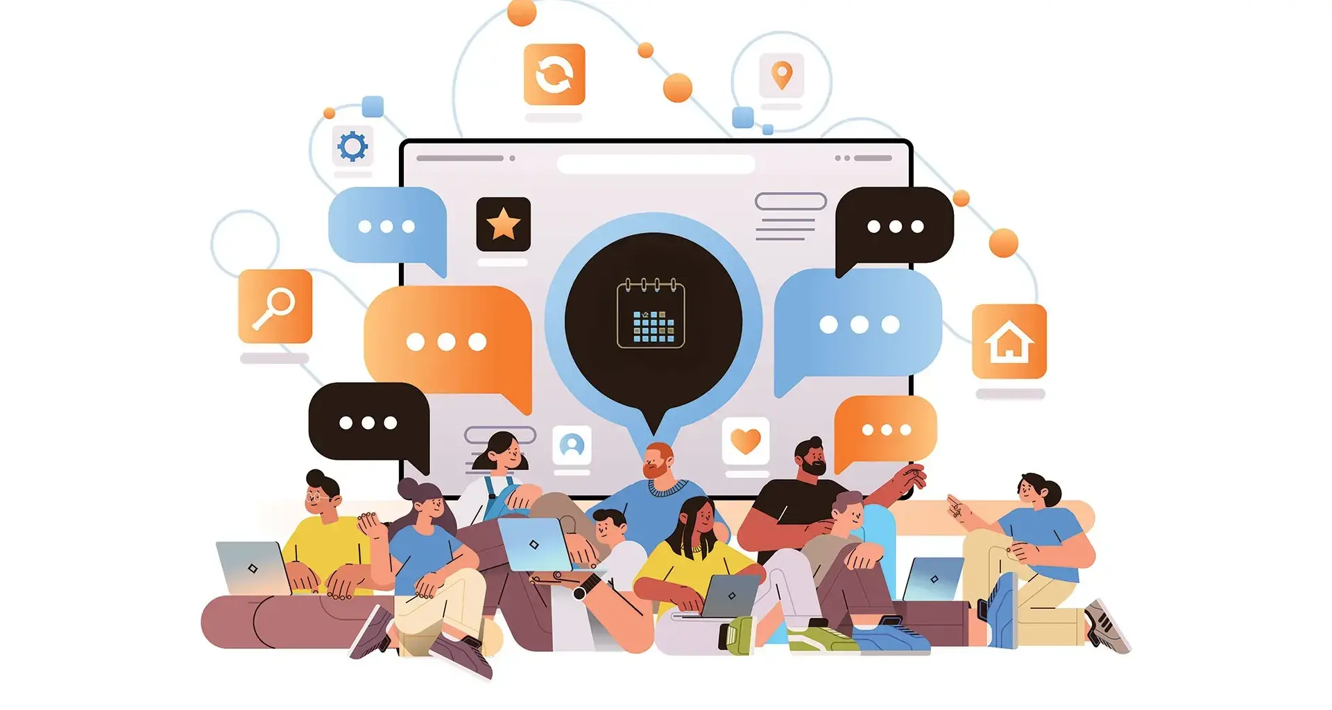 Ilustración de estudiantes con iconos de apps de estudio y herramientas tecnológicas a su alrededor