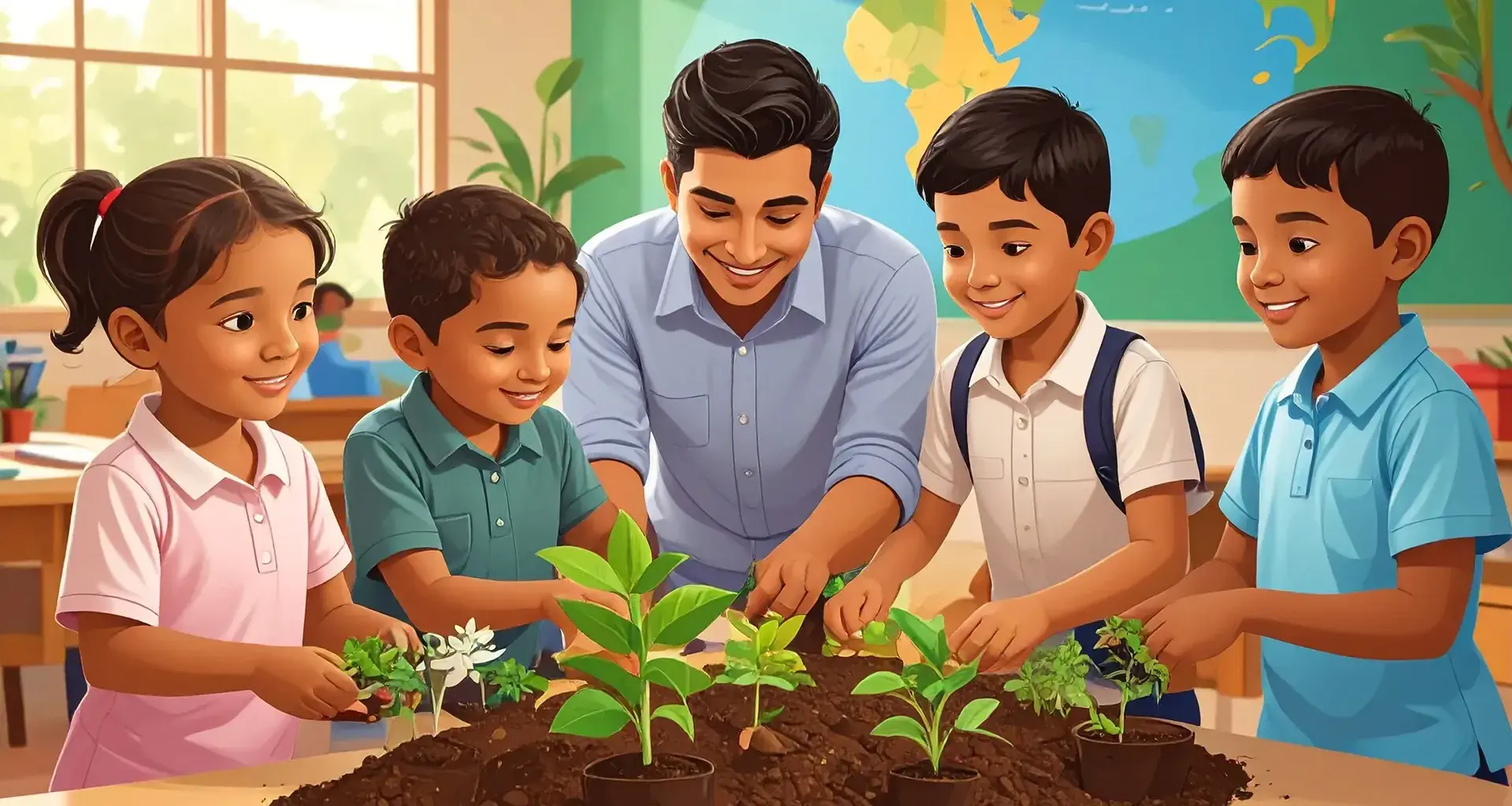 Imagen generado con IA sobre un profesor enseñando ecología a sus alumnos