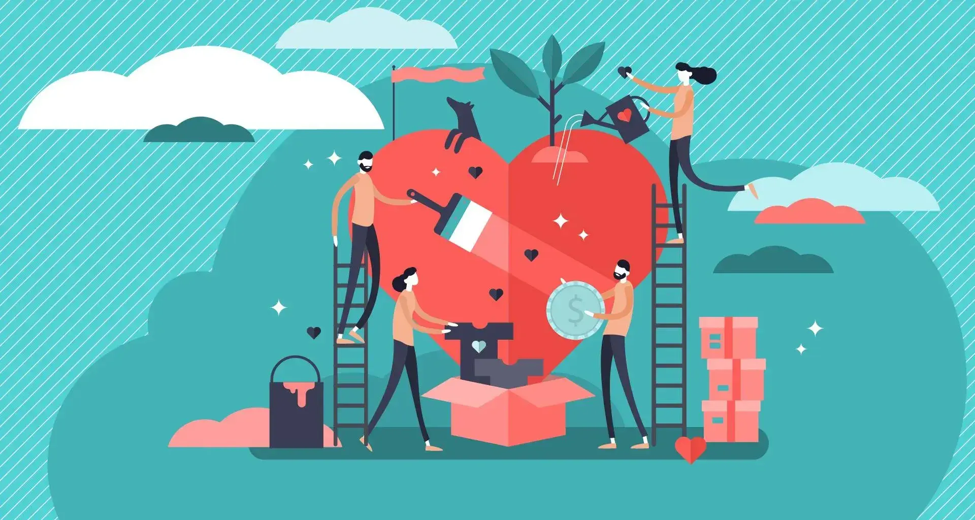 Ilustración conceptual de jóvenes trabajando en diversas obras filantrópicas, alrededor de un corazón