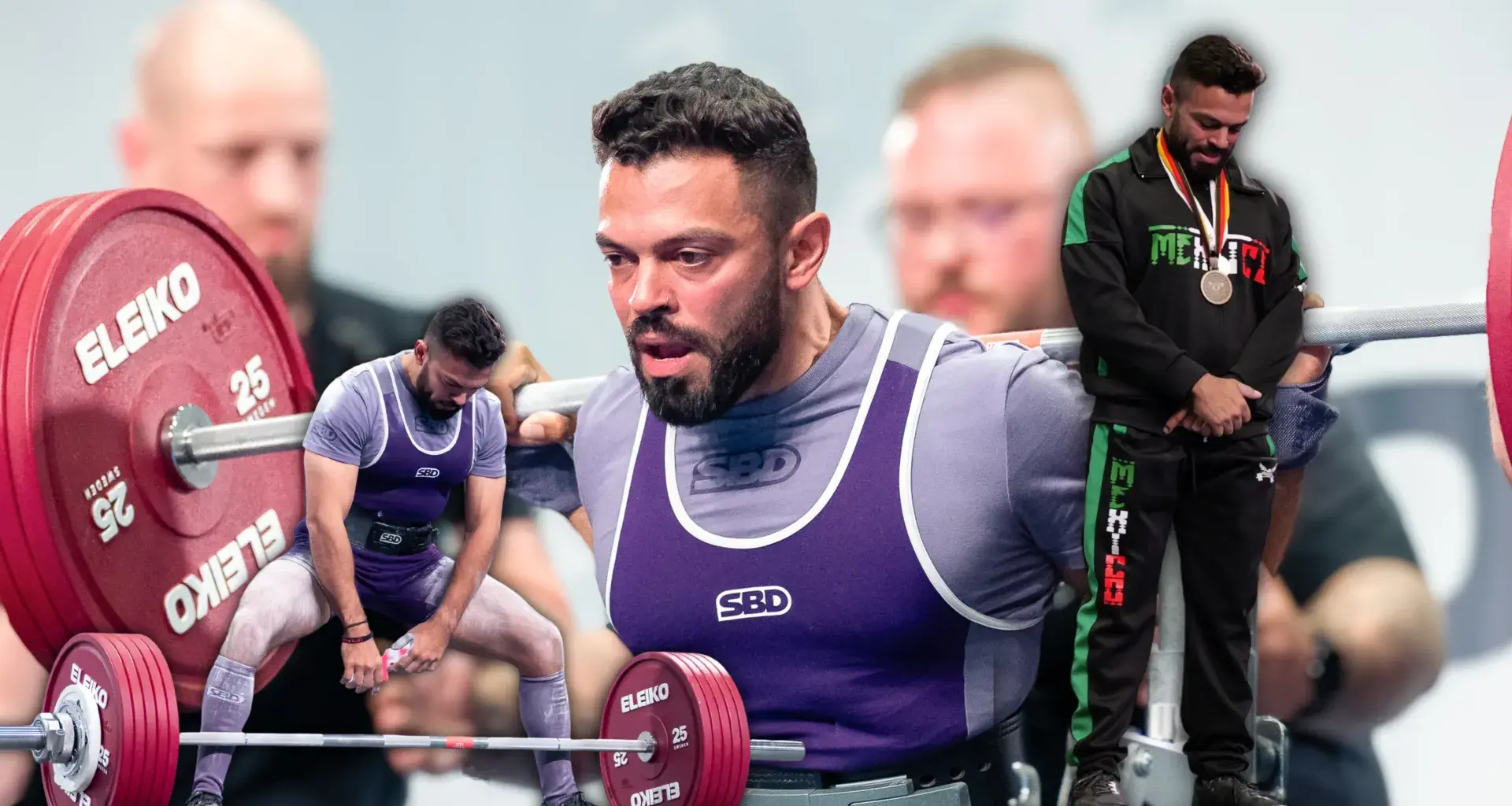 Collage de fotos de hombre levantando pesas y recibiendo una medalla. 