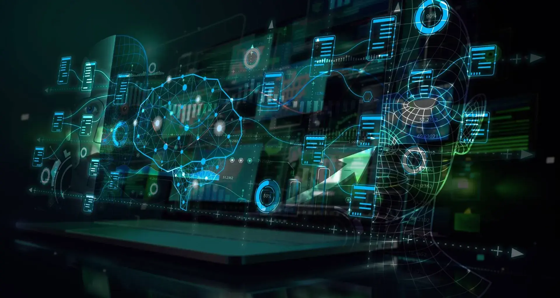 Digital illustration of artificial intelligence, cloud computing, and data, featuring a virtual brain and technological elements, representing free Oracle University courses for the Tec de Monterrey community.