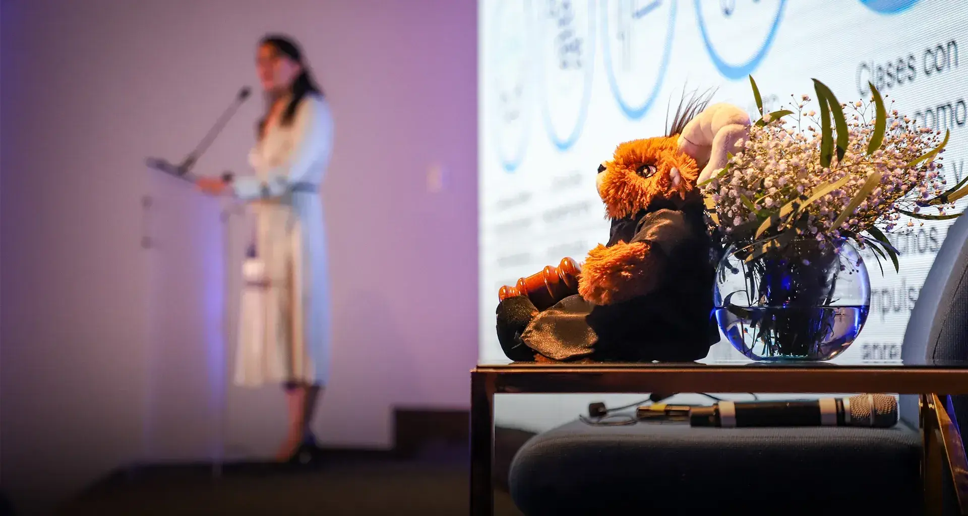 En primer plano se ve un muñeco de un borrego vestido gon una bata negra y sosteniendo un mazo de madera, en el fondo se ve la figura borrosa de una mujer hablando en un escenario.