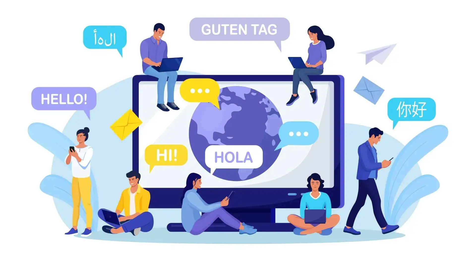 Ilustración de jóvenes aprendiendo diversos idiomas