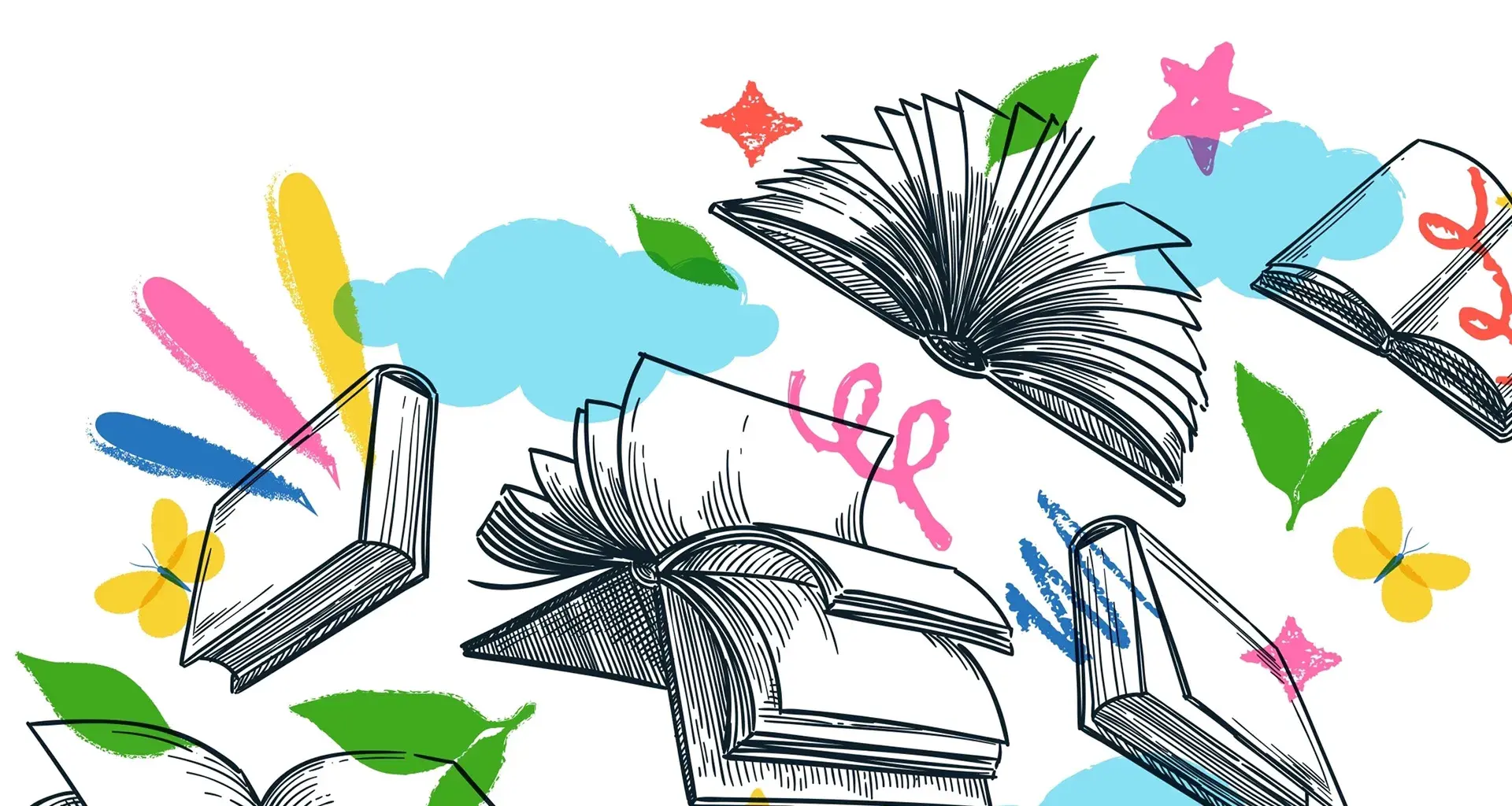 Ilustración de varios libros abiertos con fondos de colores