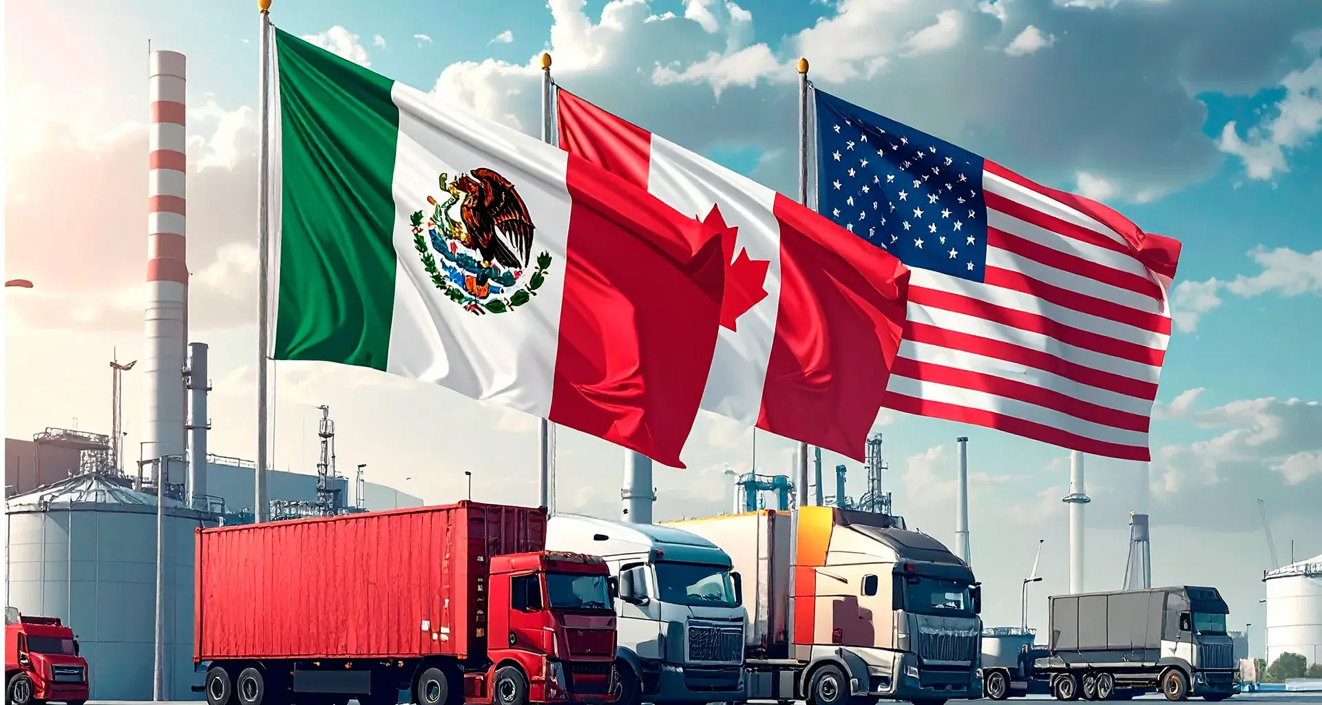 Banderas de México, Estados Unidos y Canadá en un entorno industrial hacen referencia al T-MEC